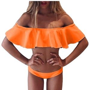 Orange Off-Shoulder Flounce Bikini